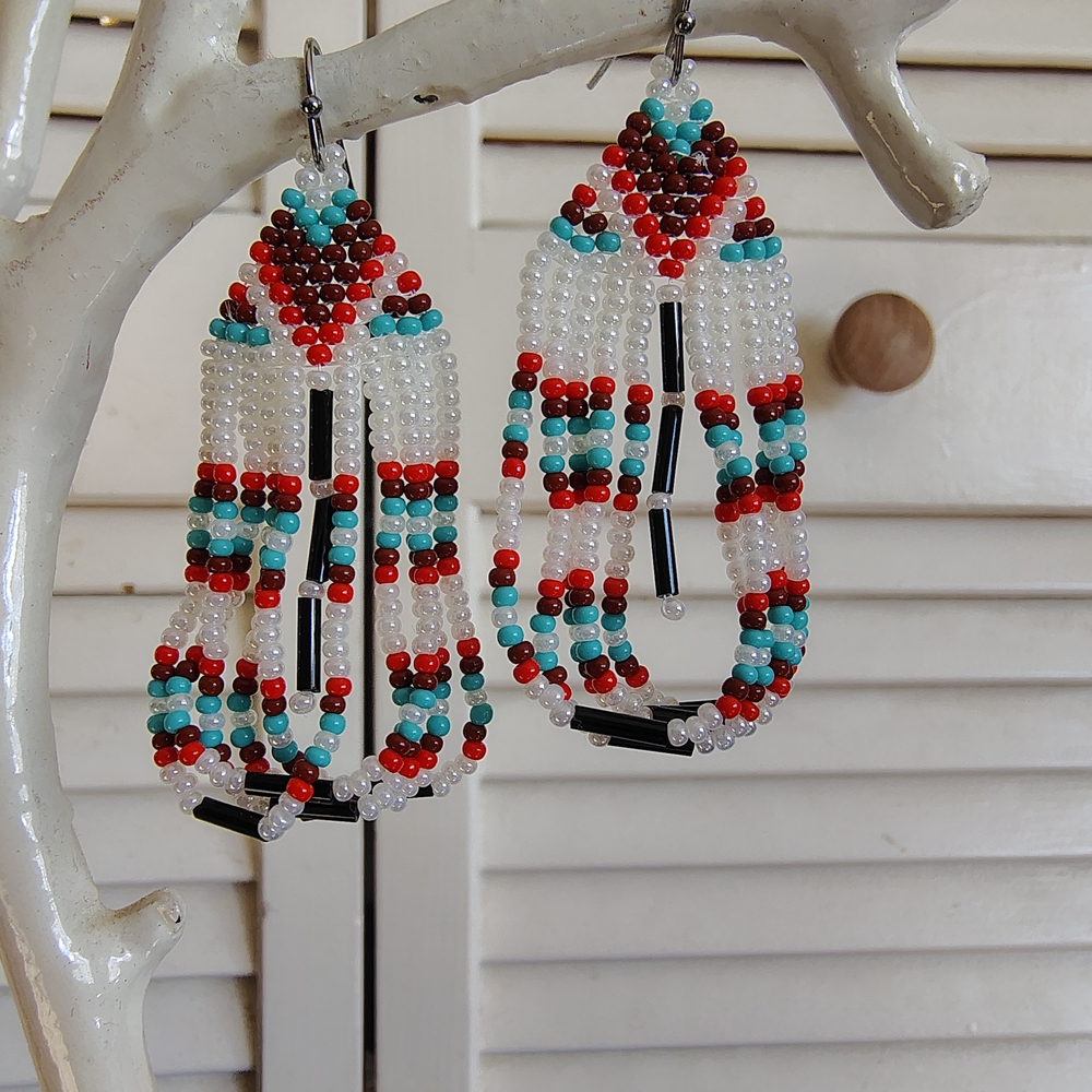 Handmade Beaded Fringe Earrings – Red, Turquoise  – Stainless Steel Hooks OS
